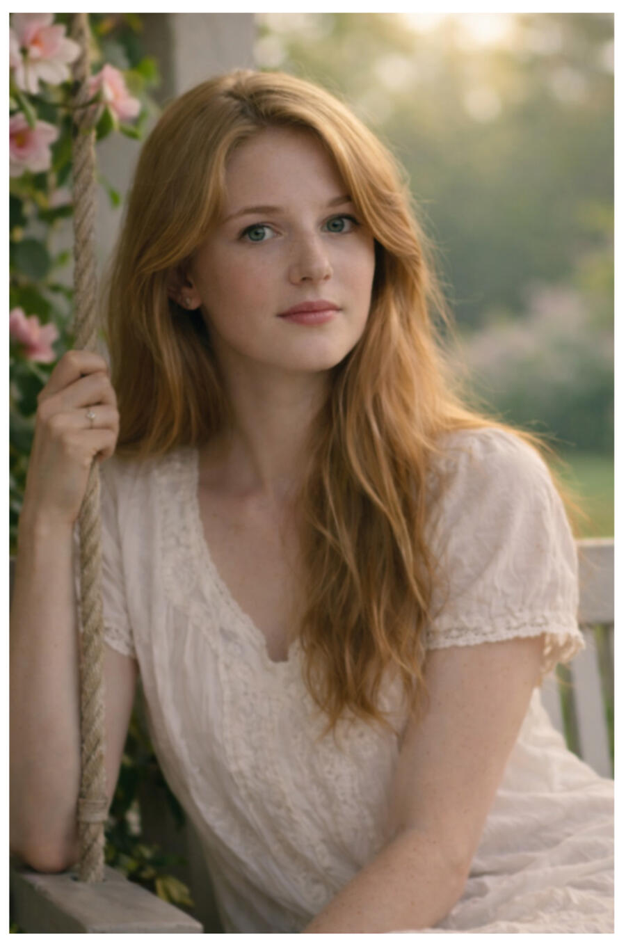 Chloe Monroe Chloe Monroe, a thoughtful young woman, seated outdoors on a porch swing near climbing roses.