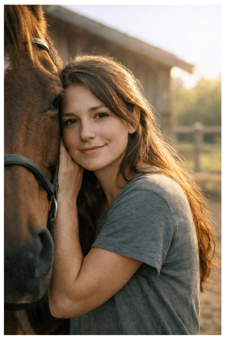 Daphne DePaul Daphne DePaul, smiling gently, and standing beside her horse in warm evening light.