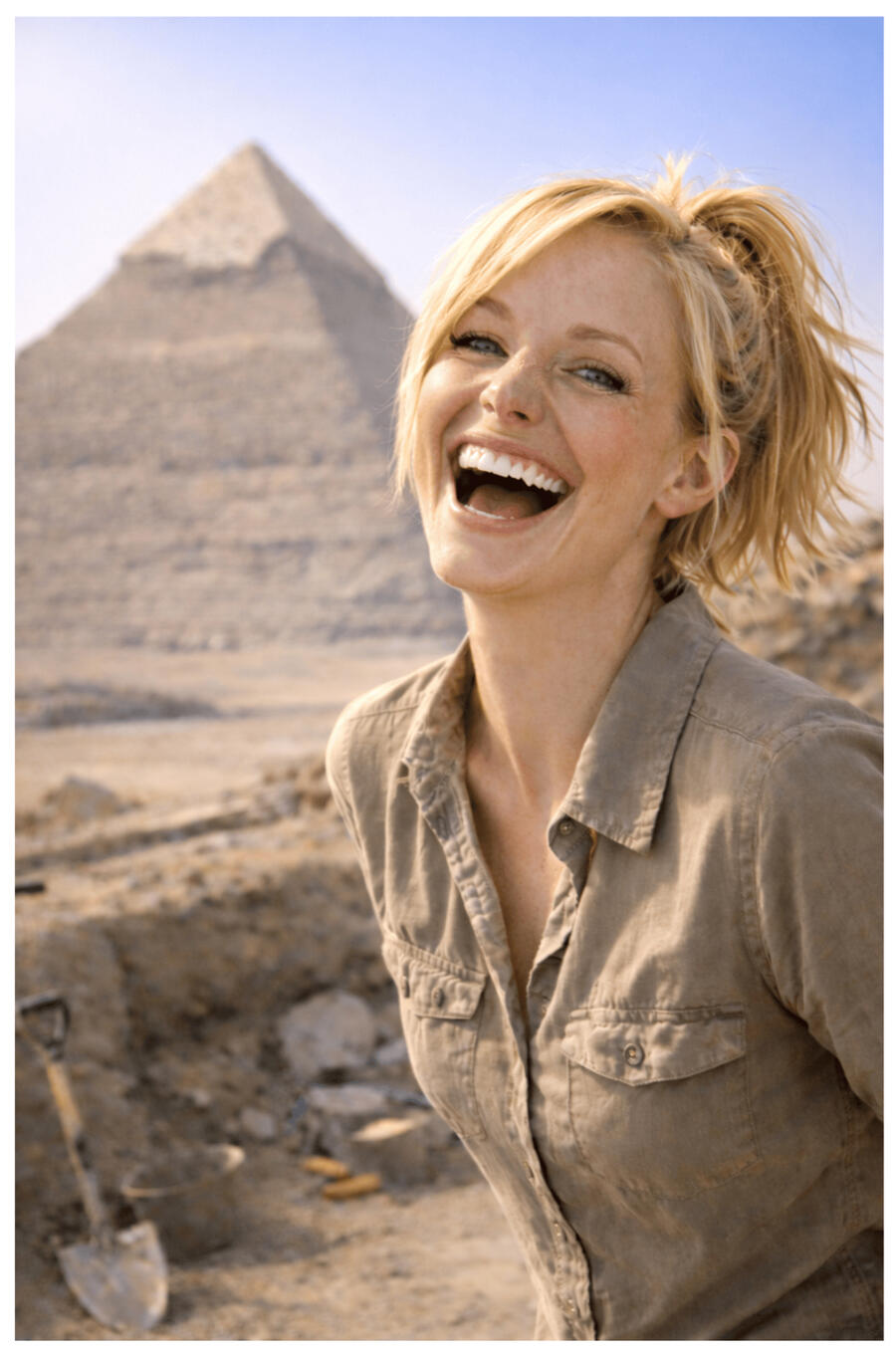Bekkah Gantry, laughing joyfully. At an archaeological dig site in Egypt, with a pyramid behind her.