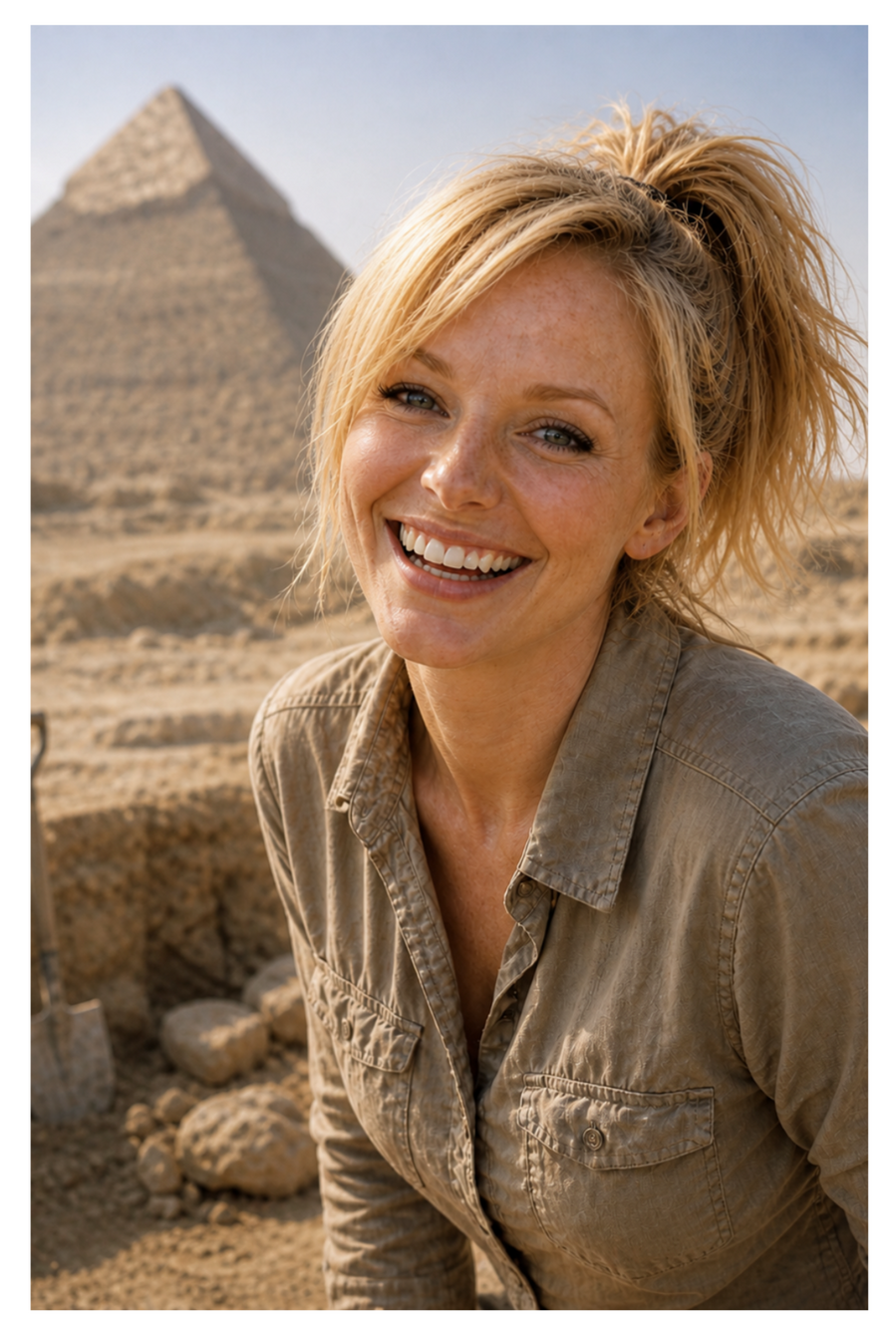 Bekkah Gantry Bekkah Gantry, laughing joyfully. At an archaeological dig site in Egypt, with a pyramid behind her.