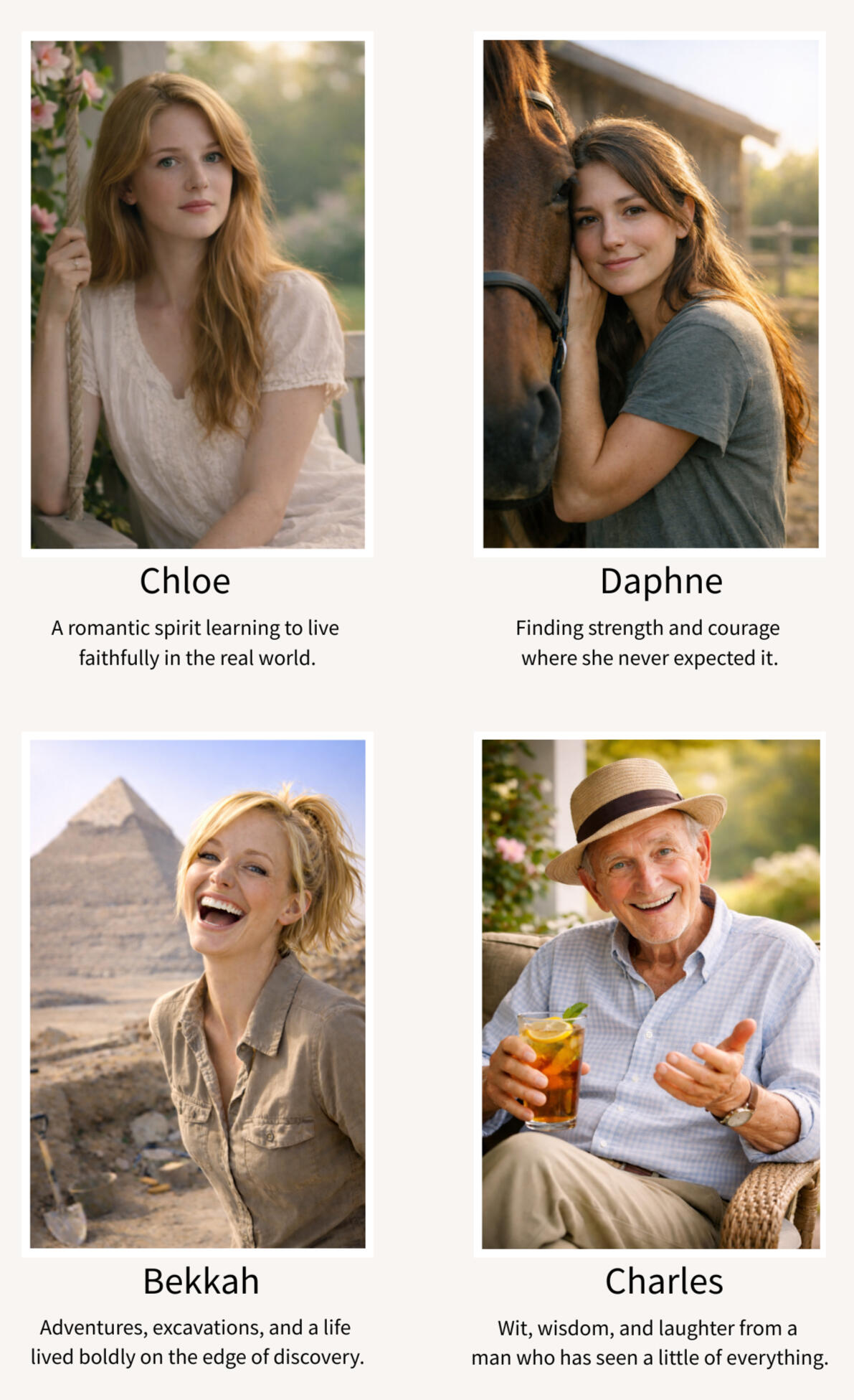 Chloe, Daphne, Bekkah, and Charles Four character portraits with names and short descriptions: Chloe in a garden, Daphne beside a horse, Bekkah at an Egyptian dig site, and Charles seated outdoors with iced tea.