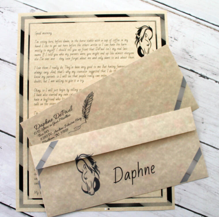 Daphne DePaul textured tan stationery with horse illustration, envelope, and printed letter.