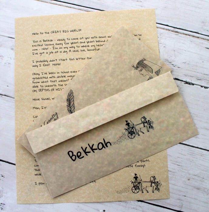 Bekkah's Stationery Bekkah Gantry custom tan stationery with adventure illustrations, envelope, and printed letter.