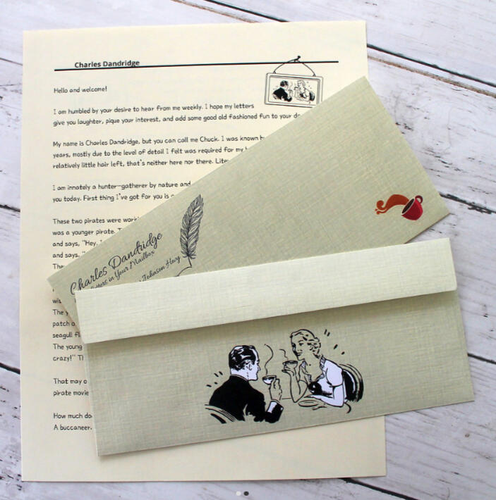 Charles Dandridge custom cream stationery with vintage illustration, envelope, and printed letter.