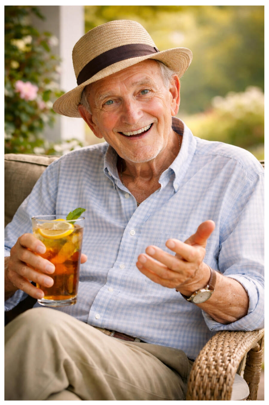 Charles Dandridge Charles Dandridge, an older gentleman with a warm smile, seated outdoors with iced tea, as he tells a story.